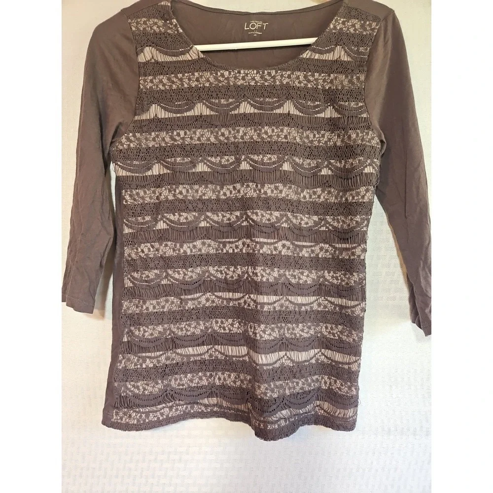Ann Taylor Loft Women's XS Lace Brown Stripe 3/4 Sleeve Blouse Boho Lightweight - Picture 1 of 9